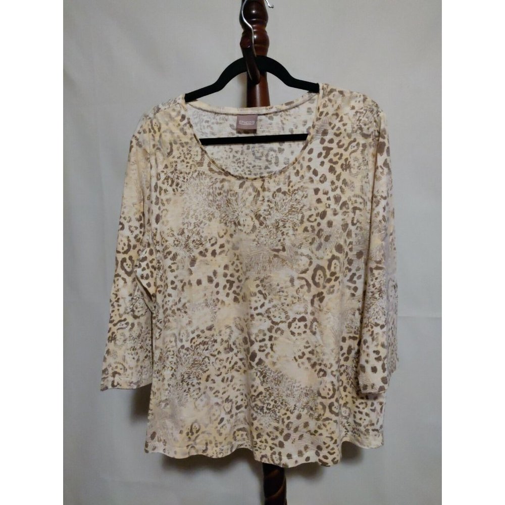 Chico's women's size 1X? t-shirt brown tones print long sleeve scoop neck